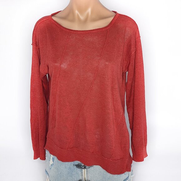 EILEEN FISHER Organic Linen Asymmetrical Hem Sheer Sweater Red - Picture 1 of 7